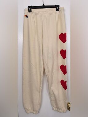 Aviator Nation 4 Red Heart Stitch Off White Sweatpants Size Large